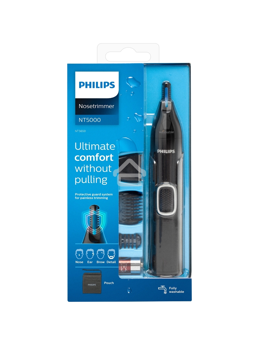 Триммер Philips для носа и ушей, черный, корпус - пластик, 3 насадки-гребня, насадка - триммер, щеточка для очистки, мягкий чехол, батарейка