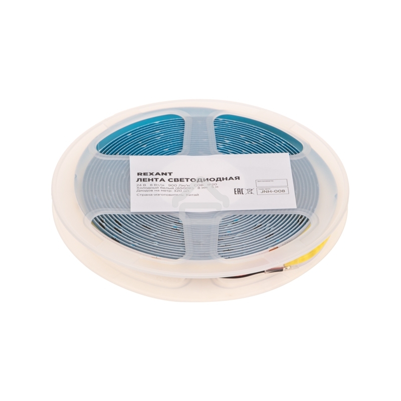 Лента светодиодная 24В, COB 8Вт/м, 320 LED/м, 6500K, 8мм, 5м, IP20 Rexant