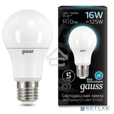 Светодиодная лампа GAUSS 102502216 LED A60 16W E27 1470lm 4100K 1/10/50