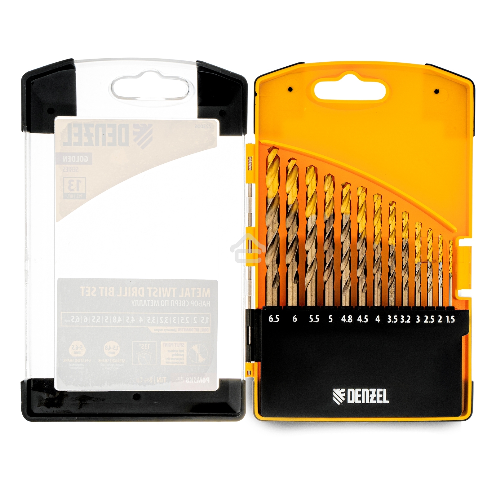 Набор сверл по металлу Denzel 1,5-6,5мм, Р6М5К8-TiN, Golden Tip, 13 шт 723006