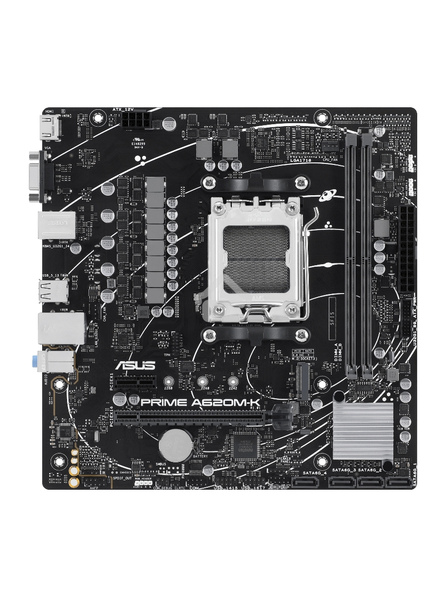 Материнская плата ASUS PRIME A620M-K, AM5, AMD A620, 2xDDR5, 4xSATA, 1xM.2, 1xPCI-E 4.0 x16, 1xPCI-E x1, 1xHDMI, 1xVGA, 1x 1Gb LAN, 4xUSB-A 3.2 Gen 1, 2xUSB-A 2.0, 3x3.5 мм, 7.1, Micro-ATX