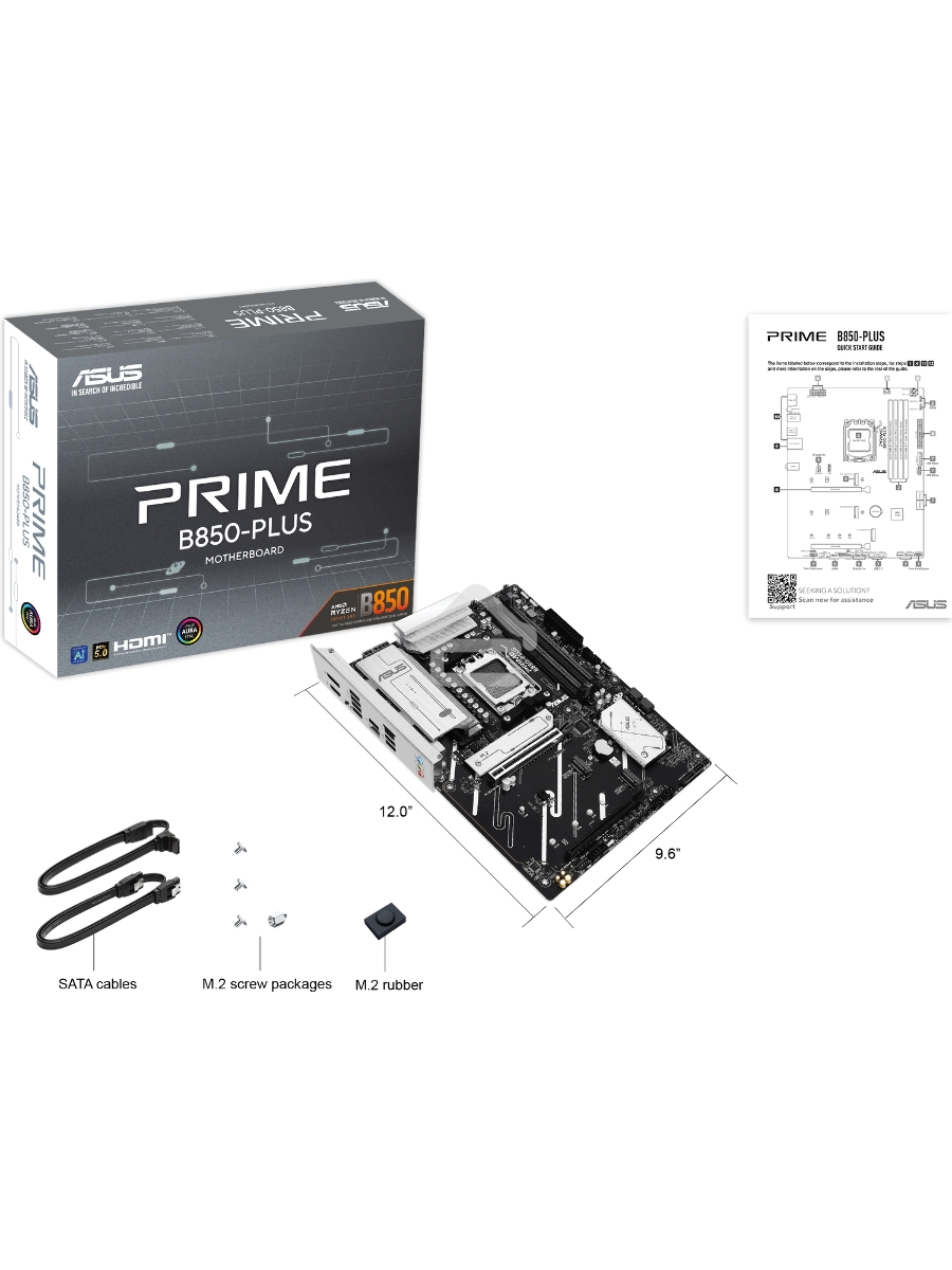 Материнская плата ASUS PRIME B850-PLUS, AM5, AMD B850, 4xDDR5, 4xSATA, 3xM.2, 1xPCIe 5.0 x16, 1xPCIe 4.0 x16, 1xDP, 1xHDMI, 1x2.5Gb LAN, 4xUSB-A 10Gbps, 1xUSB-C 10Gbps, 2xUSB-A 5Gbps, 2xUSB-A 2.0, 3x3.5 мм, 7.1, ATX