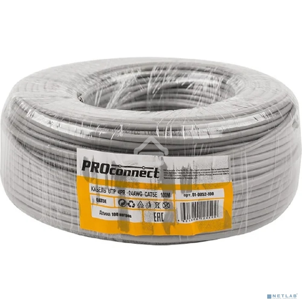 Кабель UTP PROconnect 4PR 24AWG, CU (медь), CAT5E, 100 МГц, PVC, серый, бухта 100 м