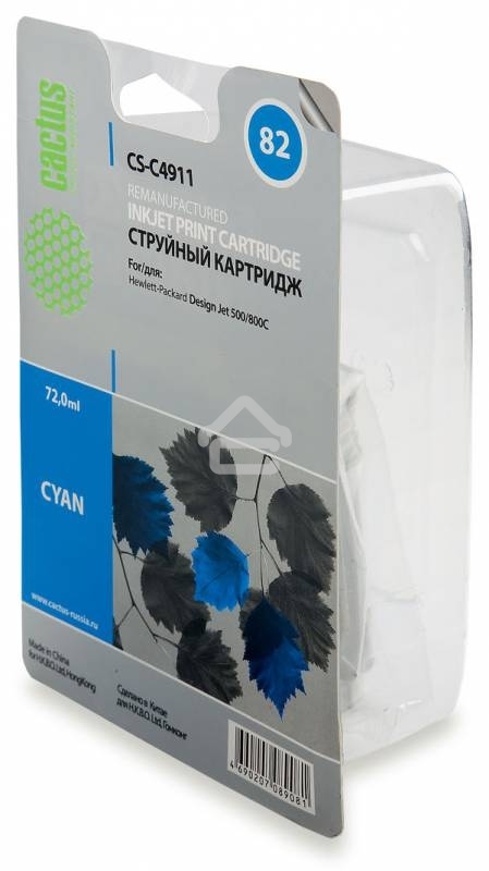 Картридж струйный Cactus CS-C4911 №82 голубой (72 мл) для HP Design Jet 500/800C