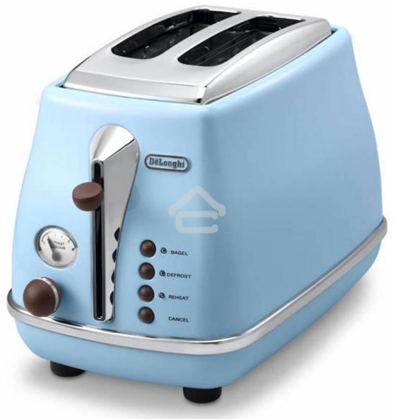 Тостер DeLonghi CTOV 2103.AZ, 900 Вт, на 2 тоста, разморозка, обжаривание, решетка для подогрева, поддон, голубой