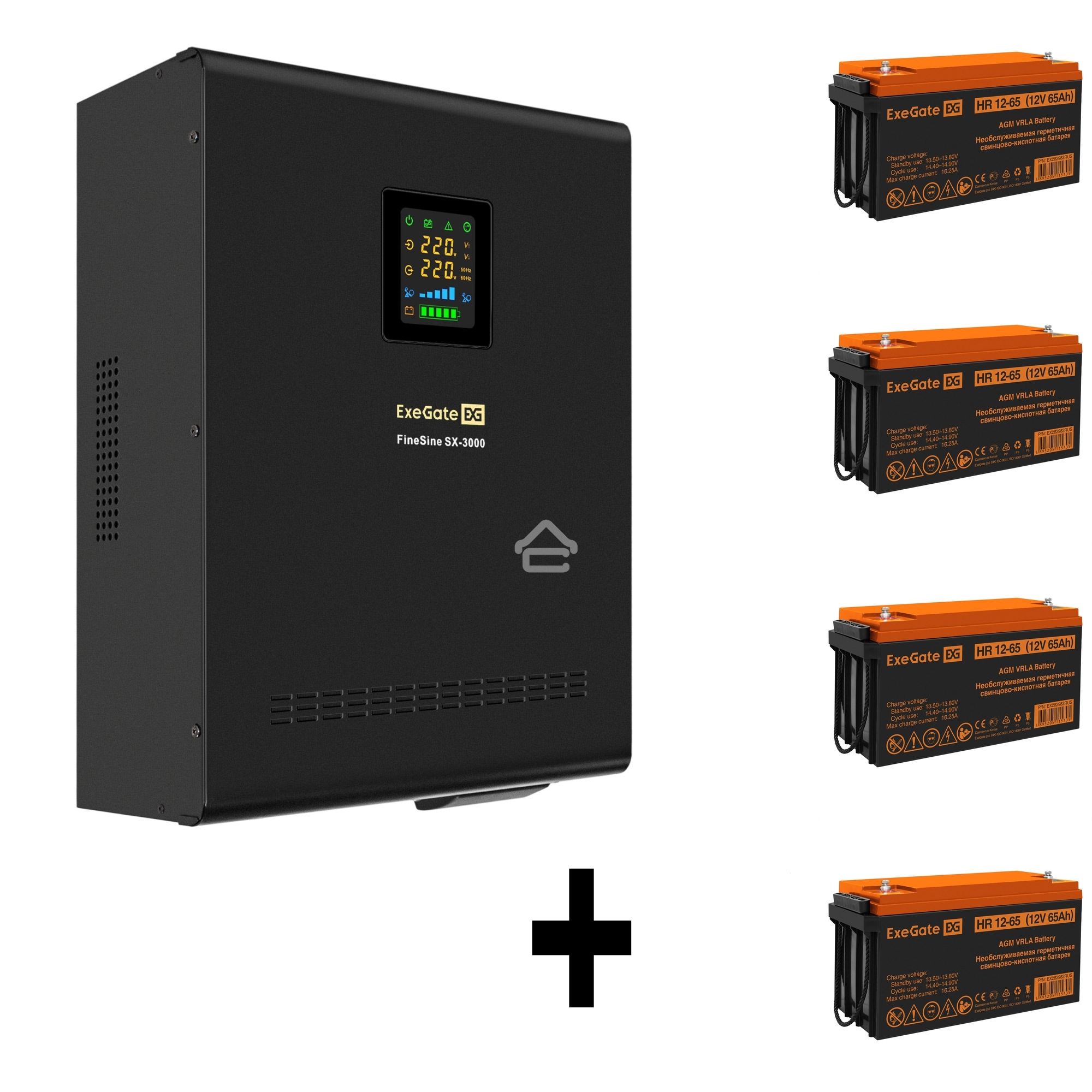 Комплект источника бесперебойного питания Exegate EX296003RUS + батарея 65Aч EX282982RUS 4шт (инвертор, синус, для котла, настенный) ExeGate FineSine SX-3000.LCD.AVR.2SH.T <3000VA/2100W, чистая синусоида, цветной LCD-дисплей, AVR, 2*Schuko+клеммы, линейно