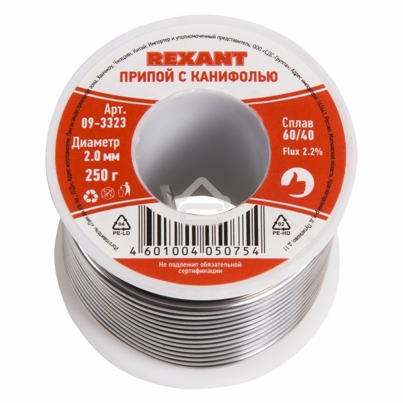 Припой с канифолью Rexant, 250 г, Ø2.0 мм, (олово 60%, свинец 40%), катушка