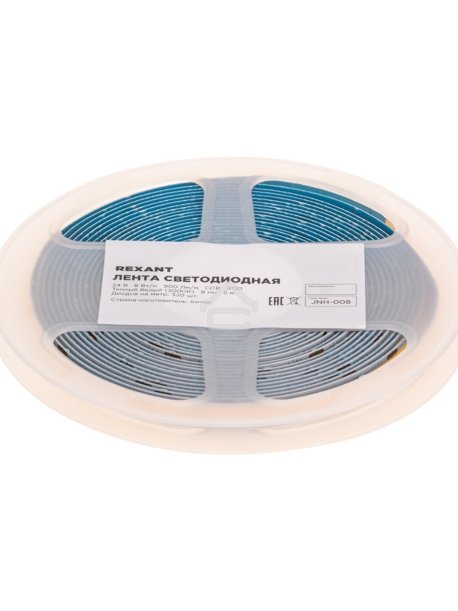 Лента светодиодная 24В, COB 8Вт/м, 320 LED/м, 3000K, 8мм, 5м, IP20 Rexant