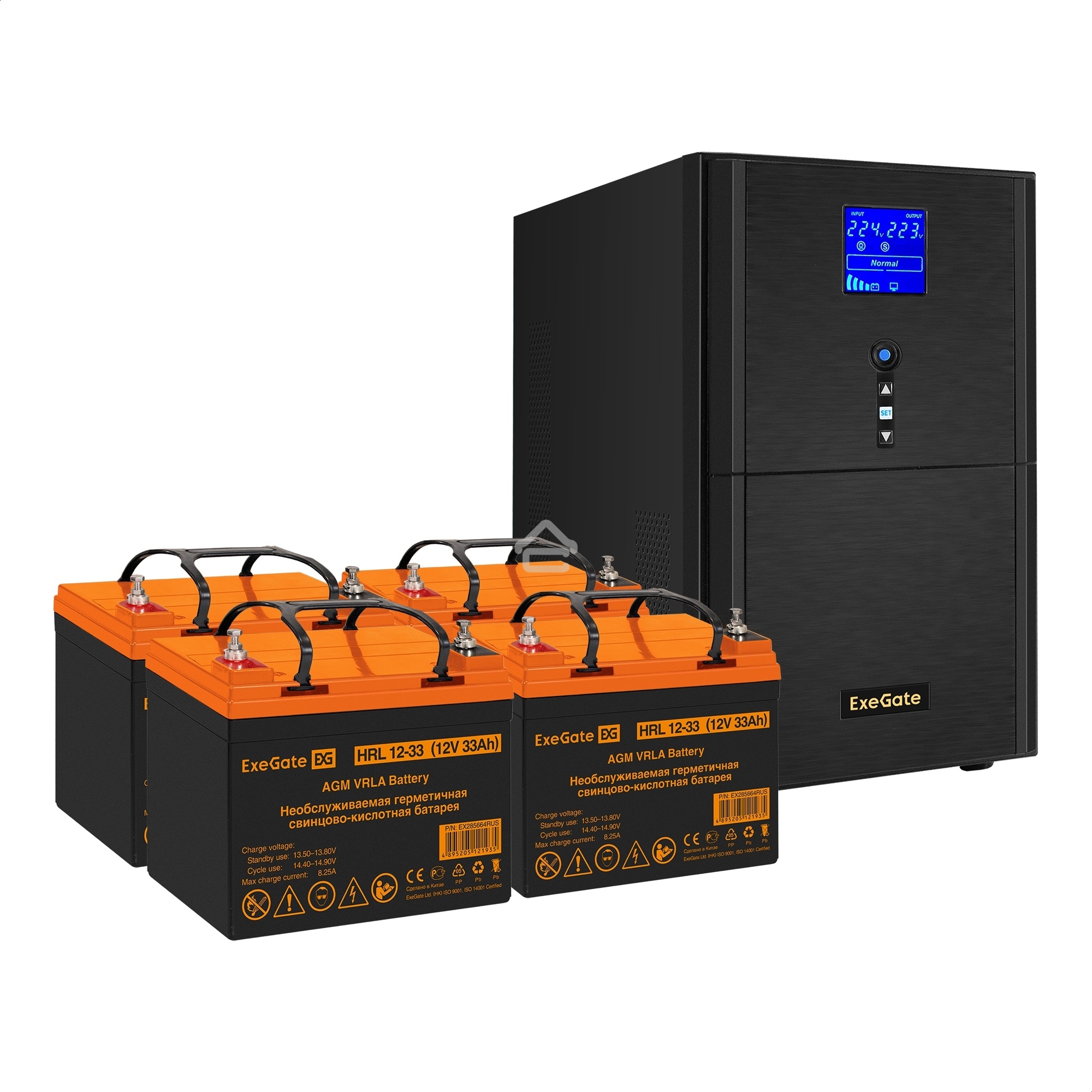 Комплект ИБП EX295991RUS + батарея 33Aч EX285664RUS 4шт (инвертор, синус, для котла) ExeGate SineTower SZ-5000.LCD.AVR.2SH.1C13.T.RJ.USB <5000VA/4000W, чистый синусоида, LCD дисплей, AVR, 2*Schuko+1*C13+клеммы, RJ45/11, USB, линейно-интерактивный, Black> 