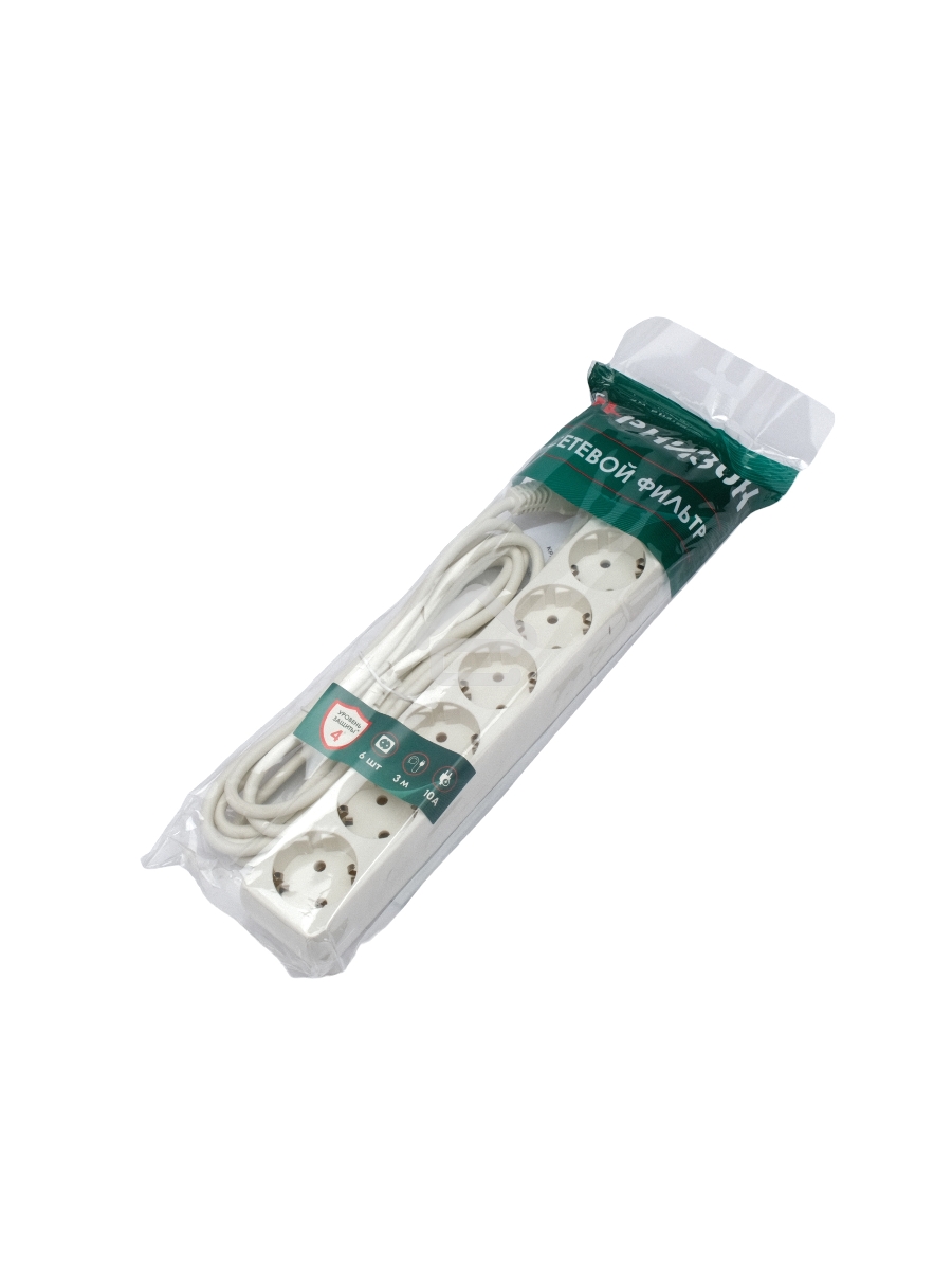 Сетевой фильтр Гарнизон ECL-6-W-3, 6р, 10А, 3м, ур.защиты 4, белый, пакет