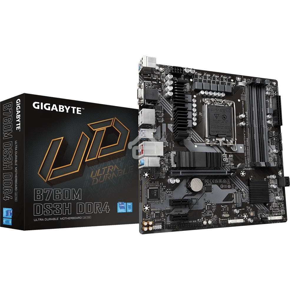 Материнская плата Gigabyte B760M DS3H DDR4, LGA 1700, Intel B760, 4xDDR4, 4xSATA, 2xM.2, 1xPCIe 4.0 x16, 2xPCIe x1, 1xHDMI, 1xDP, 1xVGA, 1x 2.5Gb LAN, 3xUSB-A 3.2 Gen 1, 1xUSB-C 3.2 Gen 2, 2xUSB-A 2.0, 3x3.5 мм, 7.1, mATX