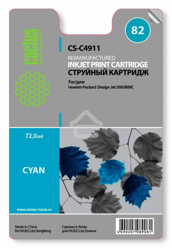 Картридж струйный Cactus CS-C4911 №82 голубой (72 мл) для HP Design Jet 500/800C