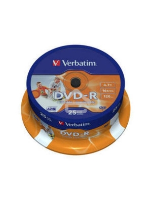 Диск DVD-R Verbatim 4.7Gb 16x Cake Box (25шт) Printable (43538)