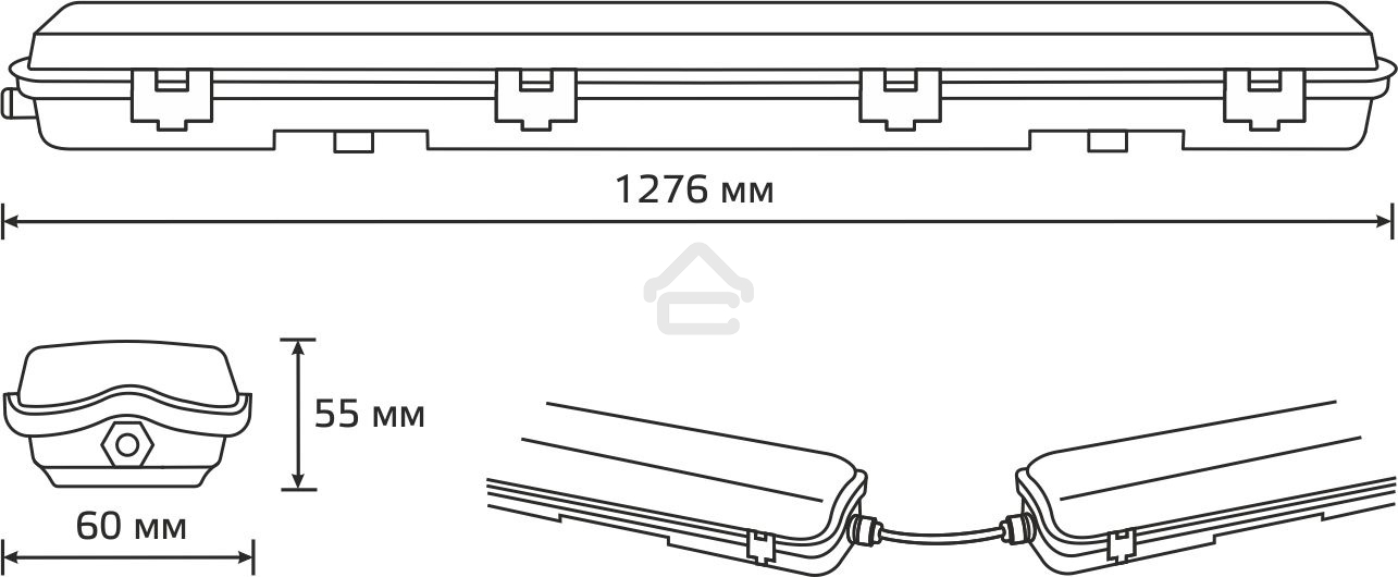 Светильник линейный Gauss СПП-Т8-G13 LITE 220-230V IP65 1276*60*55мм для LED ламп 1х1200мм 1/16