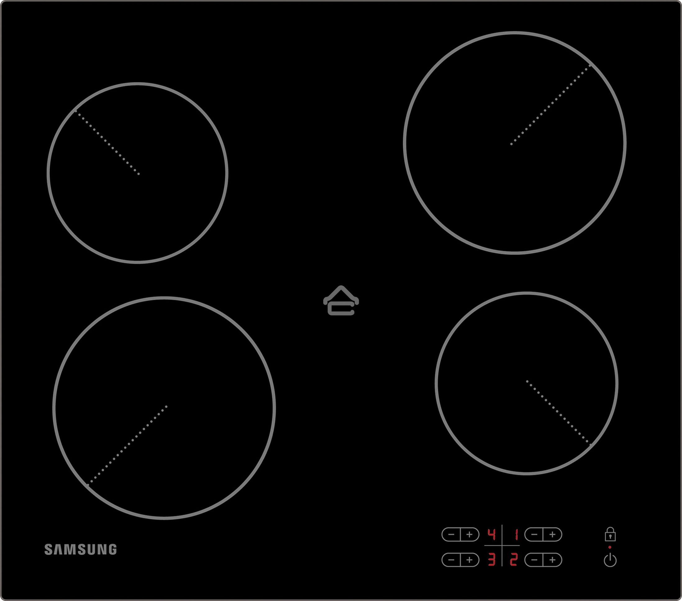 Встраиваемая электрическая панель Samsung NZ64T3506AK/WT 575x505x55 мм, стеклокерамика, 4 конфорки, скошенная рамка,сенсорное управление, светодиодный LED-дисплей, защита от детей, черный