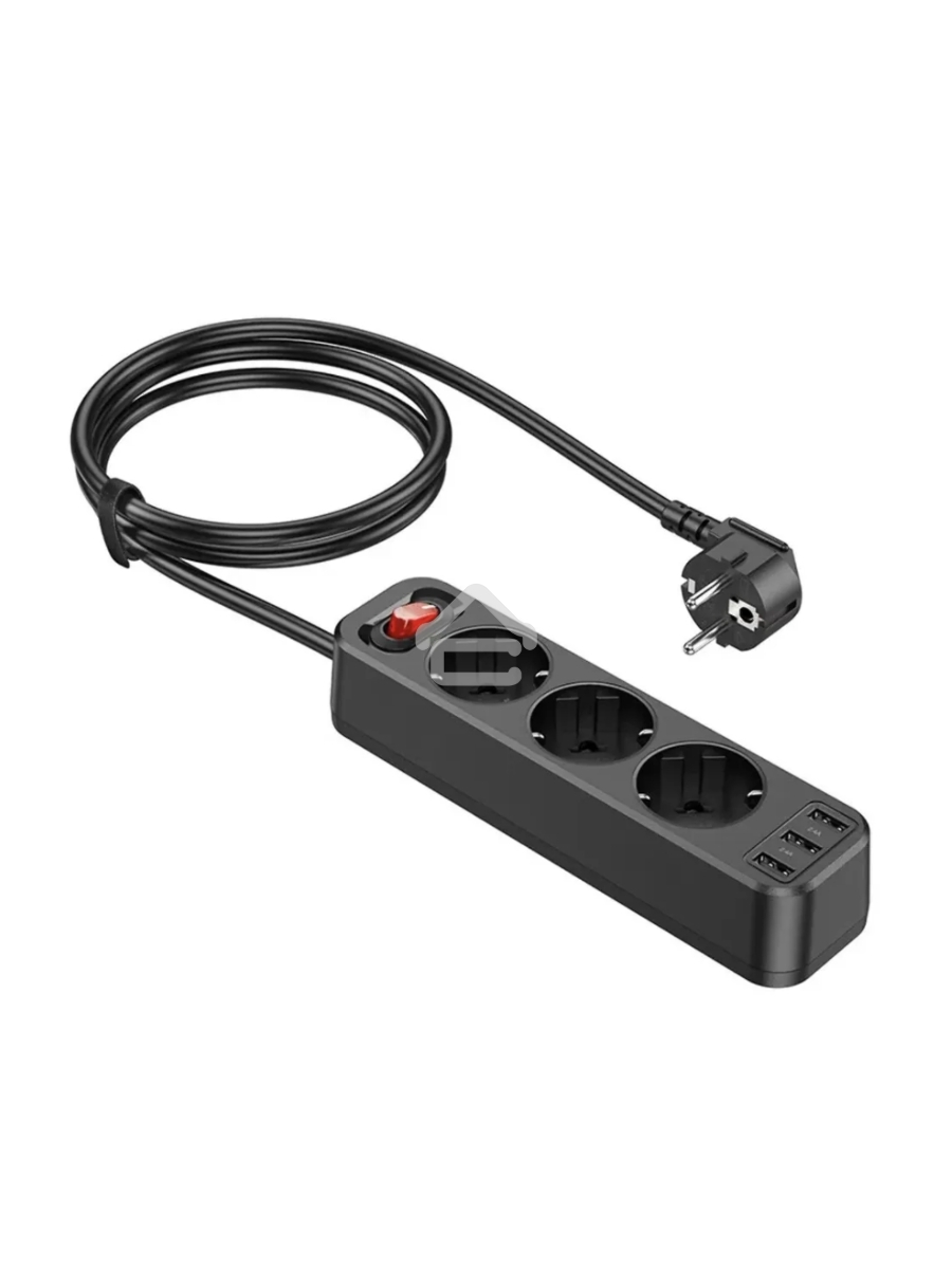 Сетевой фильтр Hoco NS2, 3 EU розетки, 4000W, с портами 3xUSB, 2.4A, 1.8м черный