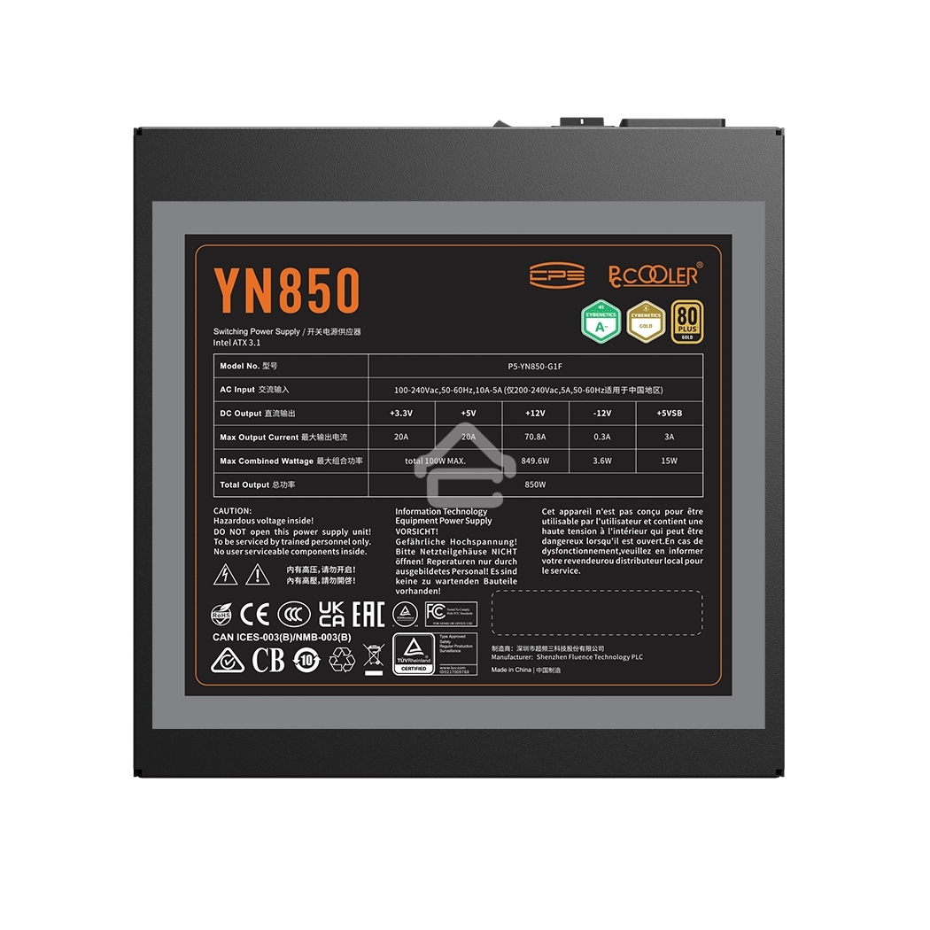 Блок питания PCCOOLER, 850W 80+ Gold (ATX, 3.1, PCIe 5.1 600W, Full modular, 1x24(20+4)pin 550мм, 2xCPU 8(4+4)pin 650мм, 3xPCIe 8(6+2)pin 500мм, 1x12V(2x6) 12+4pin 650мм, 3xSATA*3+MOLEX4pin*1 450+120+120+120мм, Active, 135x135mm, 150x150x86mm, APFC, OVP, 