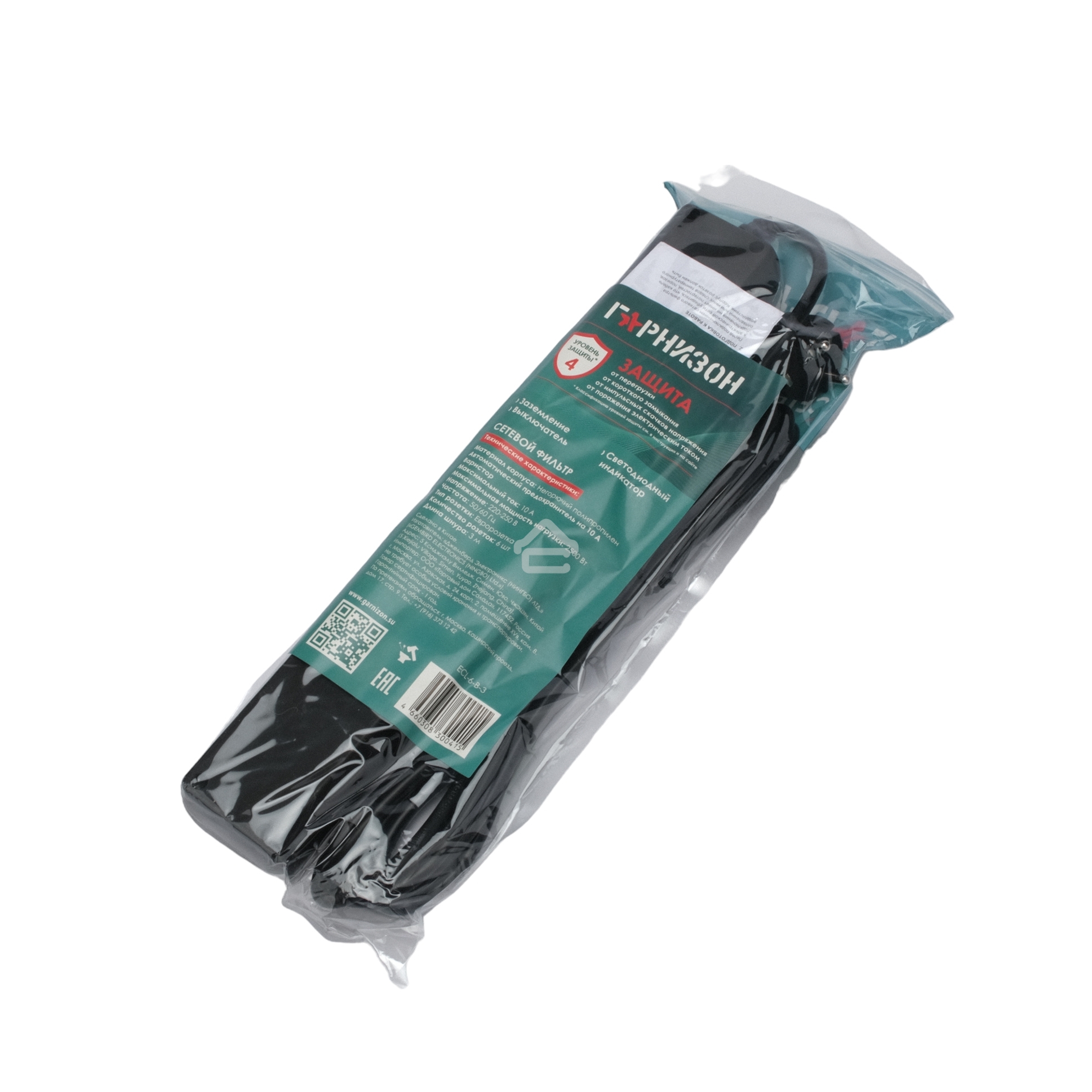 Сетевой фильтр Гарнизон 6 р, 10А, 3 м, ур.защиты 4, черный, пакет