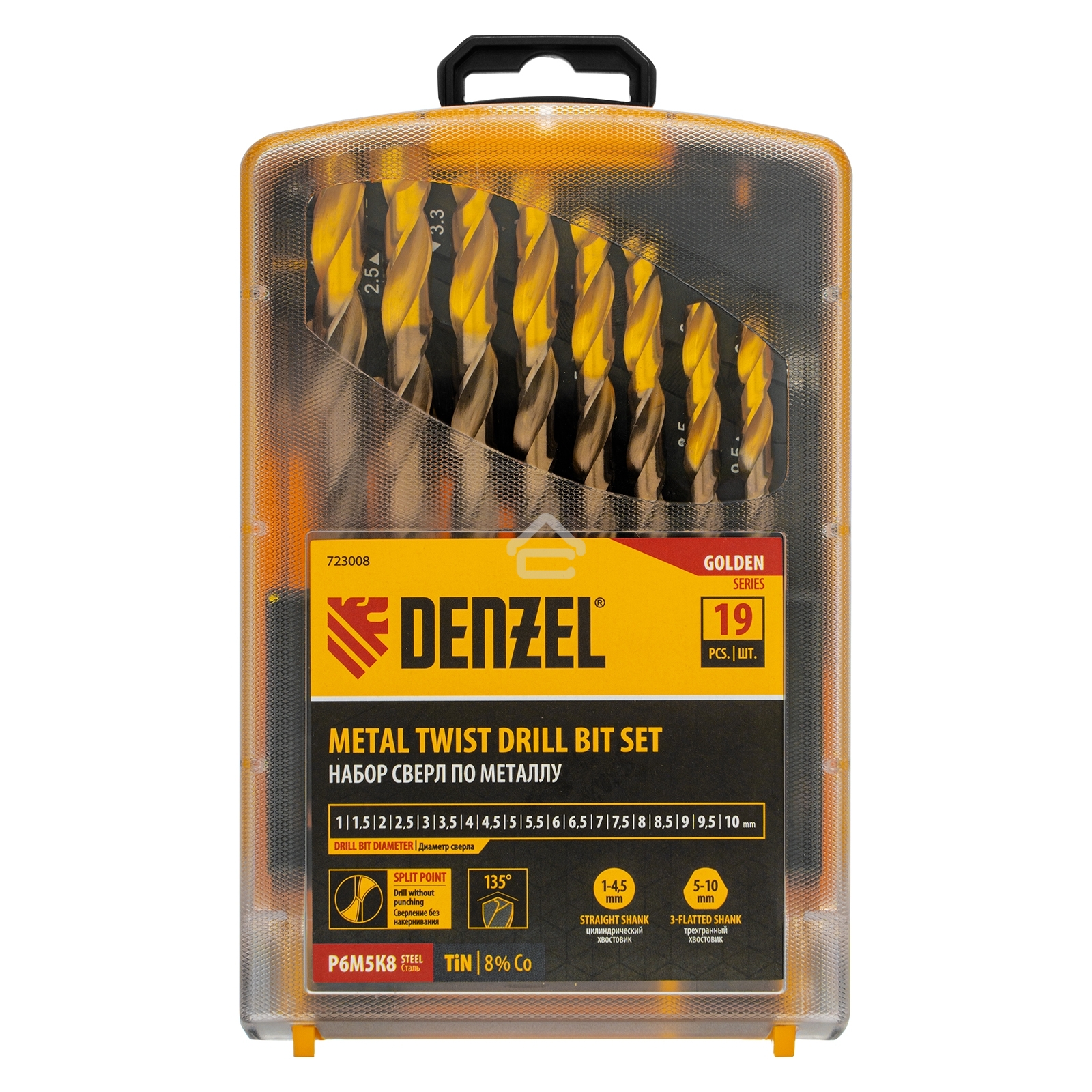 Набор сверл по металлу Denzel 1-10 мм, Р6М5К8-TiN, Golden Tip, 19 шт 723008