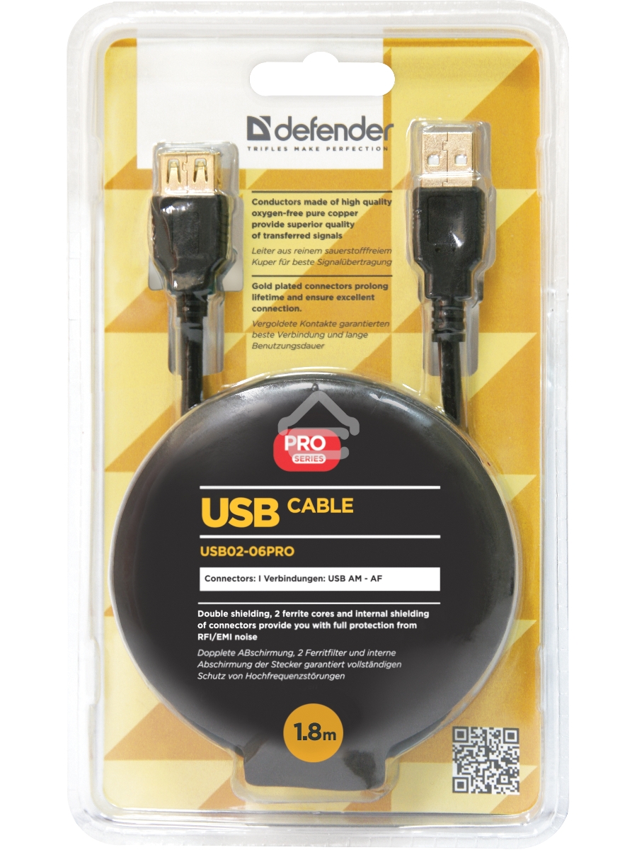 Кабель Defender PRO USB 2.0 кабель удлинительный 1.8м AM/AF , зол.конт, 2фер.фил.