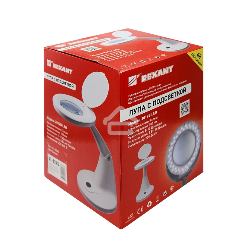 Лупа настольная 3D+12D Rexant с подсветкой 48 LED, белая