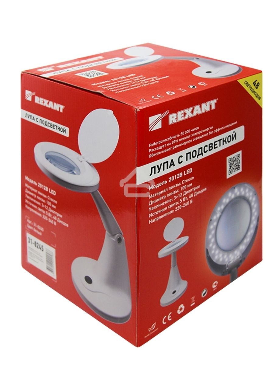 Лупа настольная 3D+12D Rexant с подсветкой 48 LED, белая