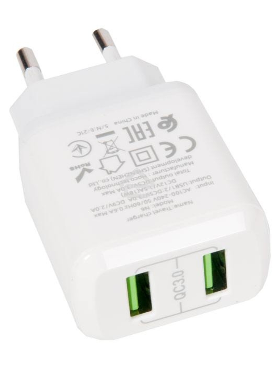 Зарядное устройство HOCO N6 Charmer QC3.0, 18W, два порта USB, 5V, 3.0A, белый