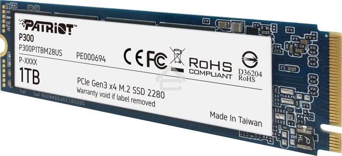 Накопитель SSD Patriot P300, 1000Gb, PCIe 3.0 x4, M.2 2280, NVMe, R/W 2100/1650
