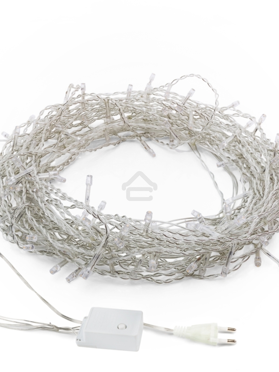 Гирлянда светодиодная универсальная 100 LED БЕЛЫЙ 10 метров, прозрачный ПВХ, с контроллером
