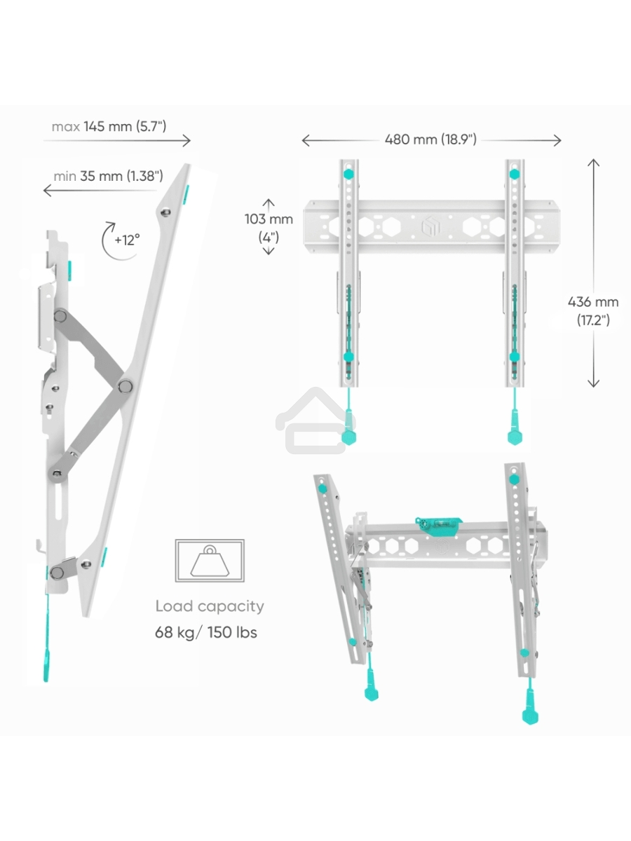 Кронштейн ONKRON TM5W / 32-65'' макс 400*400 наклон +12º от стены: 35-145мм, макс вес 68,2кг, встр уровень, белый