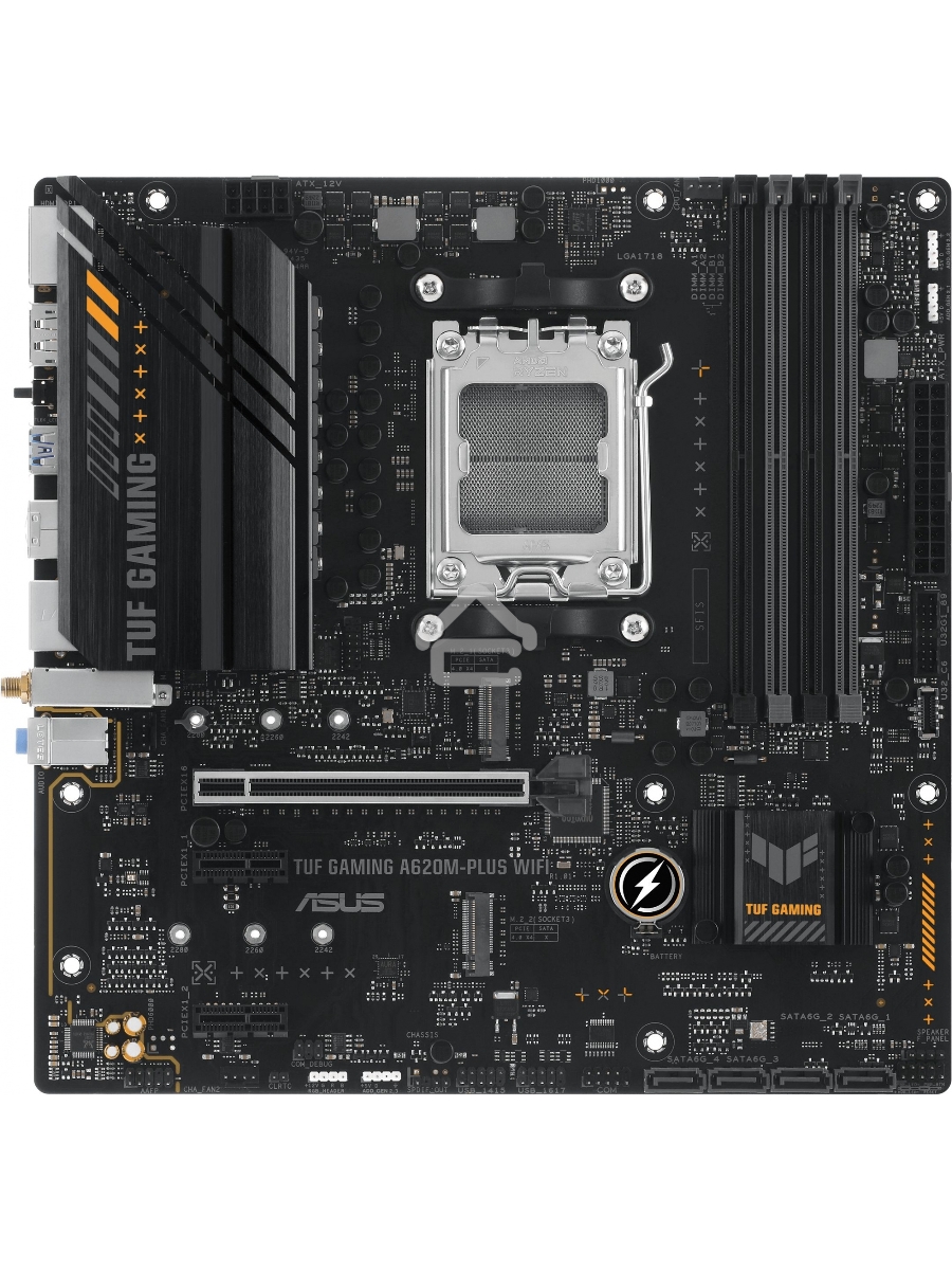 Материнская плата ASUS TUF GAMING A620M-PLUS WIFI, AM5, AMD A620, 4xDDR5, 4xSATA, 2xM.2, 1xPCIe 4.0 x16, 2xPCIe x1, 2xDP, 1xHDMI, 1x 2.5Gb LAN, 4xUSB-A 2.0, 2xUSB-A 3.2 Gen 1, 3x3.5 мм, 7.1, mATX