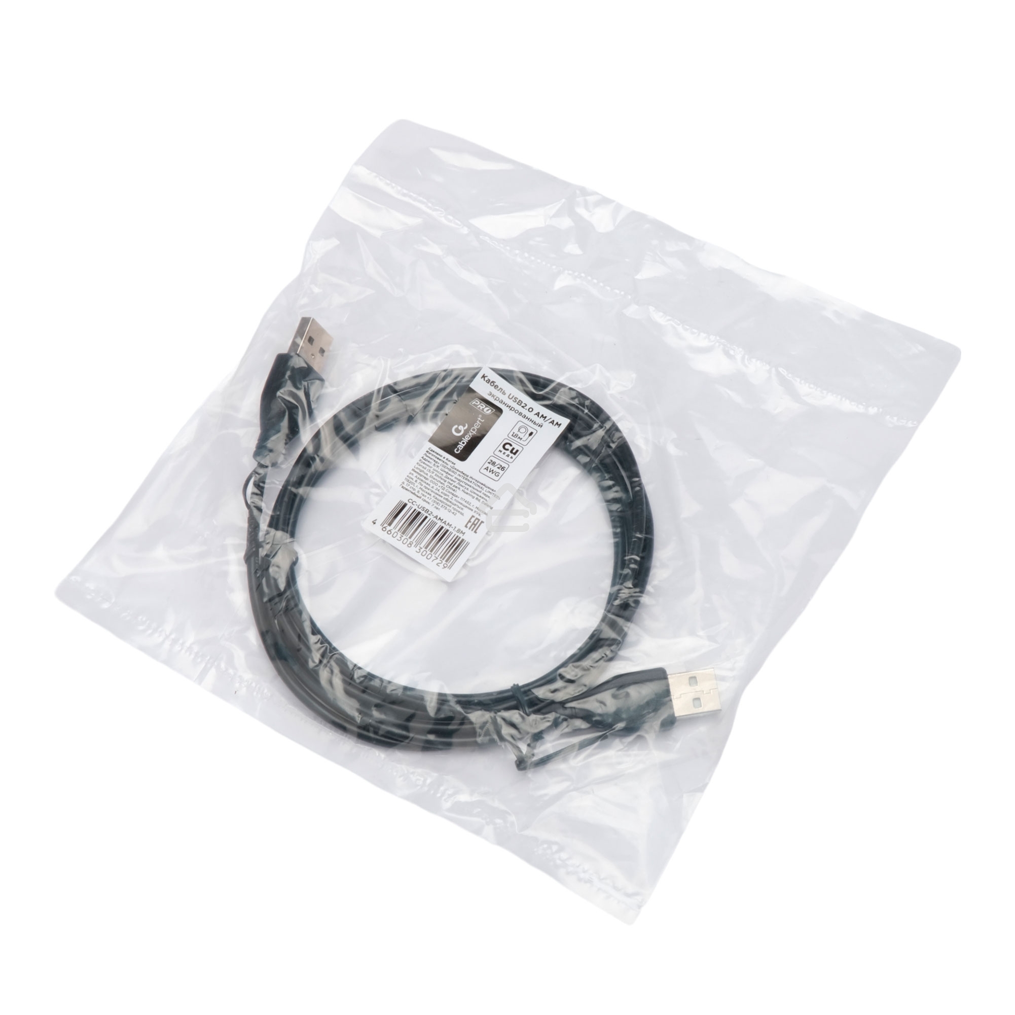 Кабель USB2.0 Cablexpert CC-USB2-AMAM-1.8M, AM/AM, экран, 28/26AWG, медь, Pro, 1.8м, черный, пакет