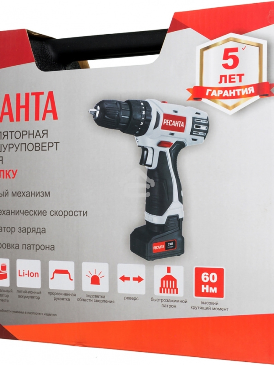 Дрель-шуруповерт Ресанта ДА-24-2ЛК-У 75/14/8, Аккумуляторная, 24В, 2 АКБ, Ударная, Кейс