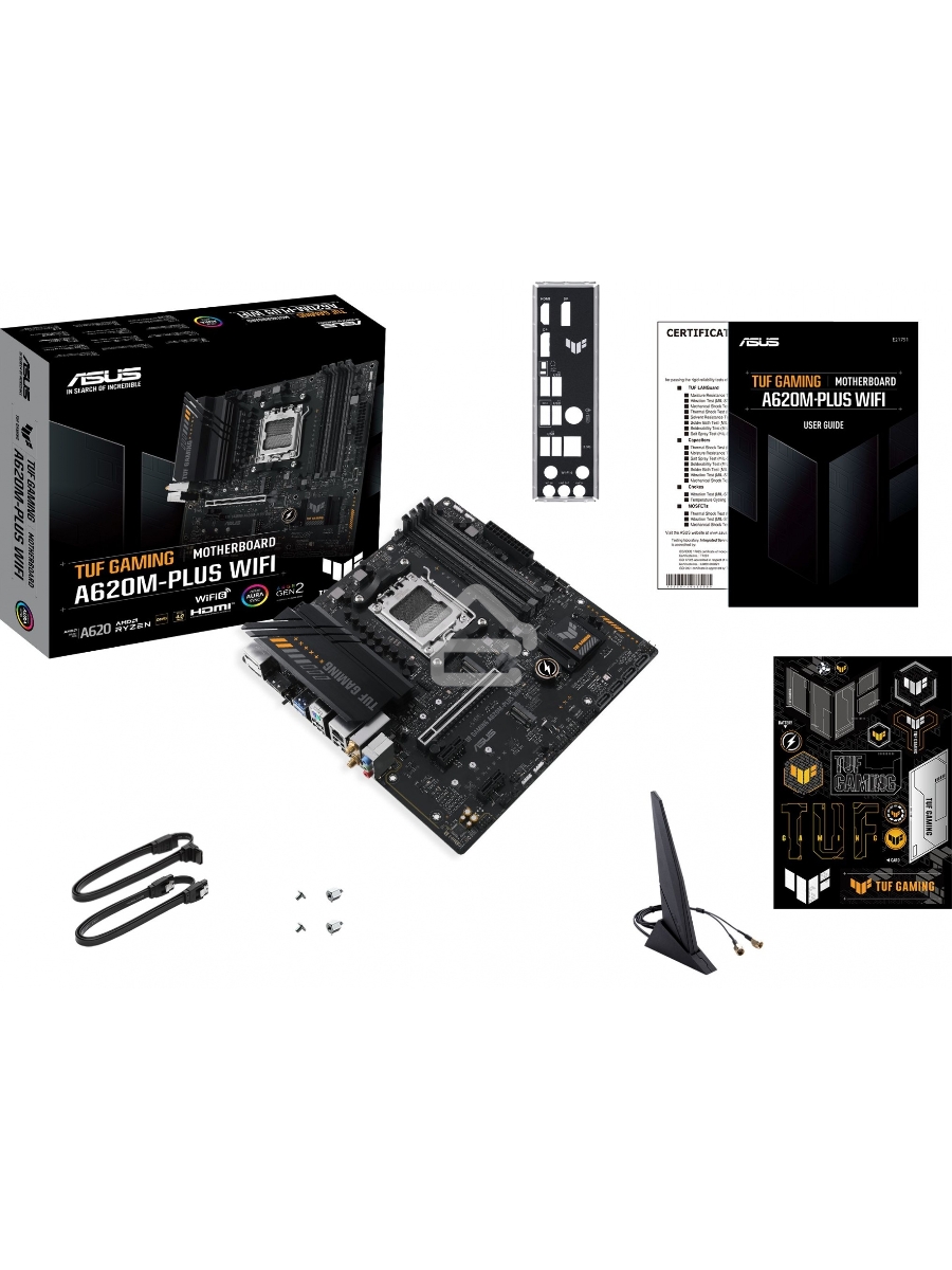 Материнская плата ASUS TUF GAMING A620M-PLUS WIFI, AM5, AMD A620, 4xDDR5, 4xSATA, 2xM.2, 1xPCIe 4.0 x16, 2xPCIe x1, 2xDP, 1xHDMI, 1x 2.5Gb LAN, 4xUSB-A 2.0, 2xUSB-A 3.2 Gen 1, 3x3.5 мм, 7.1, mATX