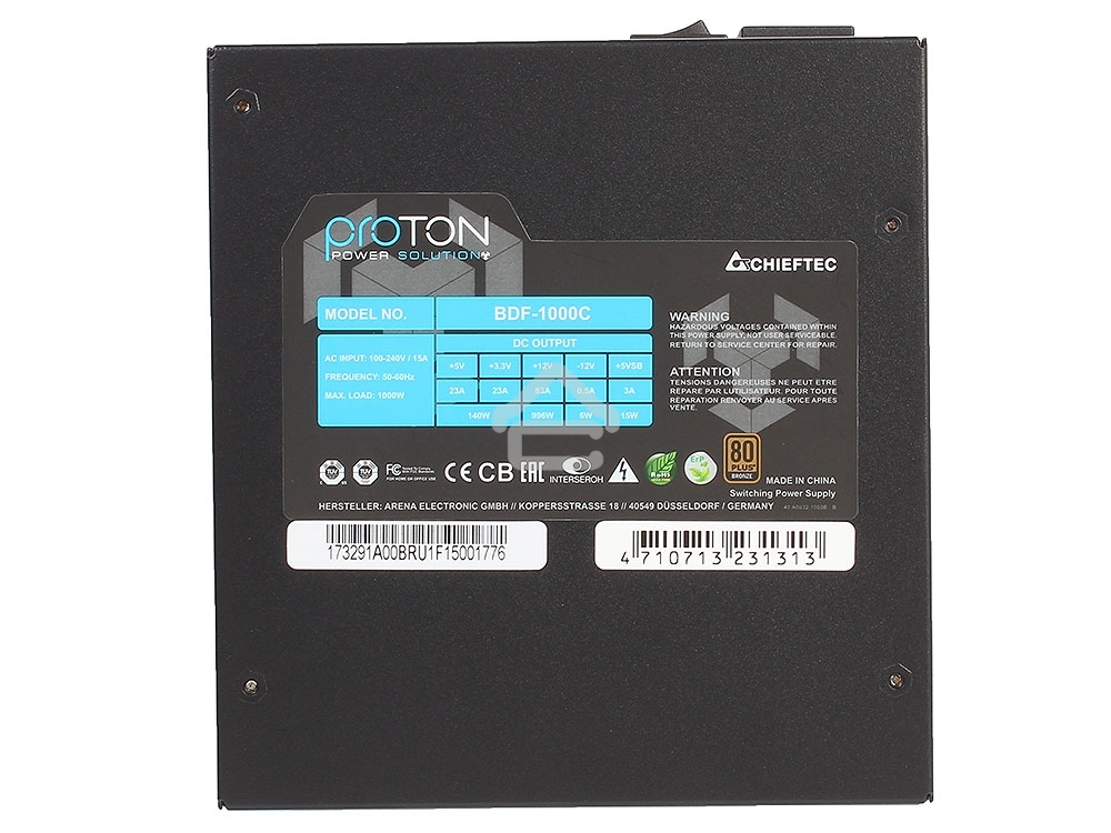 Блок питания Chieftec BDF-1000C, 1000Вт, 80 PLUS Bronze, 140мм, модульный, черный