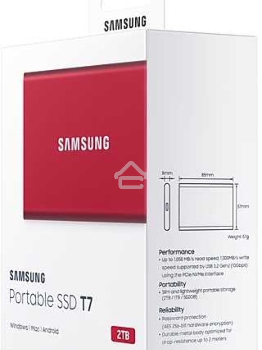Твердотельный накопитель Samsung SSD 2TB T7, USB Type-C, R/W 1000/1050MB/s, красный
