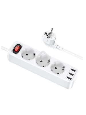 Сетевой фильтр Hoco NS2, 3 EU розетки, 4000W, с портами 3xUSB, 2.4A, 1.8м белый
