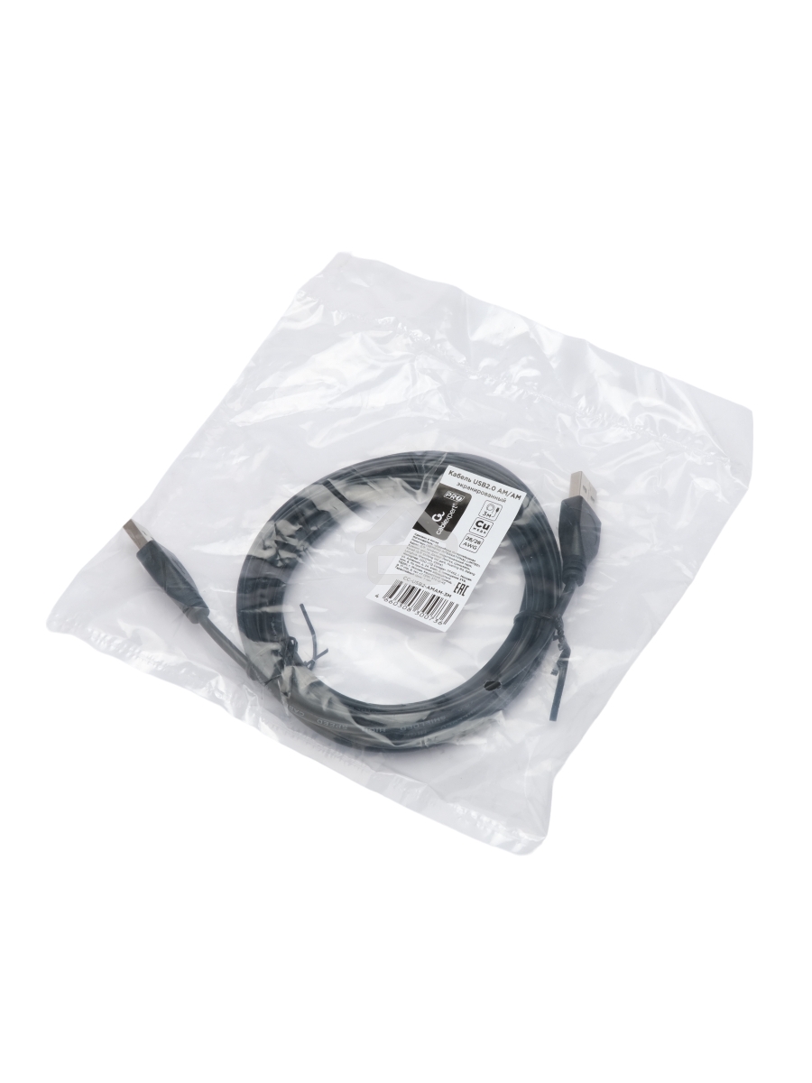 Кабель USB2.0 Cablexpert CC-USB2-AMAM-3M, AM/AM, экран, 28/26AWG, медь, Pro, 3м, черный, пакет