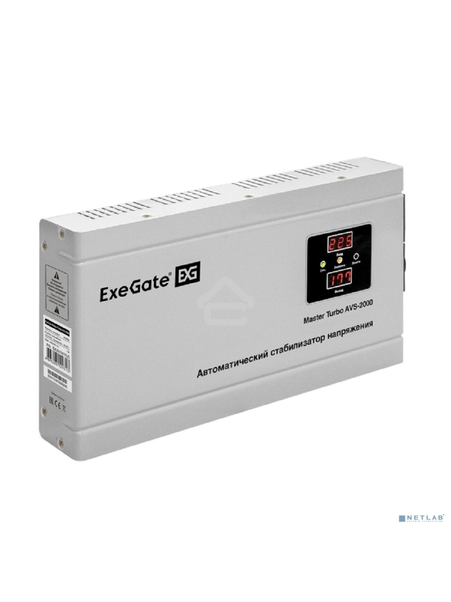 Стабилизатор напряжения ExeGate Master Turbo AVS-2000 (2000ВА, 100-265В, цифр. индикация вход/вых. напряжения, 220В±8%, КПД 98%, 5 уровней защиты, задержка, усиленный метал.корпус, евророзетка, RTL)