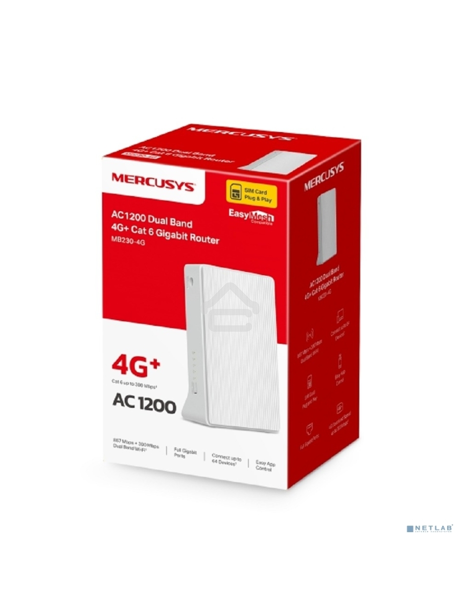 Двухдиапазонный гигабитный роутер Mercusys MB230-4G Wi-Fi AC1200 с поддержкой 4G+ категории 6