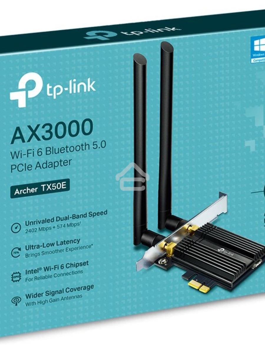 Адаптер 11AX 3000Mbps dual-band PCI-E adapter, 2402Mbps at 5G and 574Mbps at 2.4G, support Bluetooth 5.0, WPA2 encryption, two external Antennas.