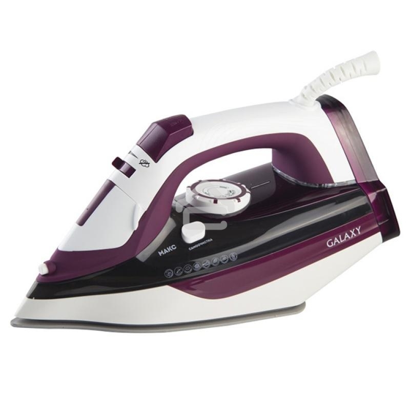 Утюг Galaxy Line GL 6108, бордовый с белым, паровой, 2400 Вт, постоянный пар 50 г/мин, паровой удар 230 г/мин, функции: автоотключение, самоочистка, антикапля, антинакипь, вертикальное отпаривание, индикатор автоотключения, индикатор нагрева, функция увла