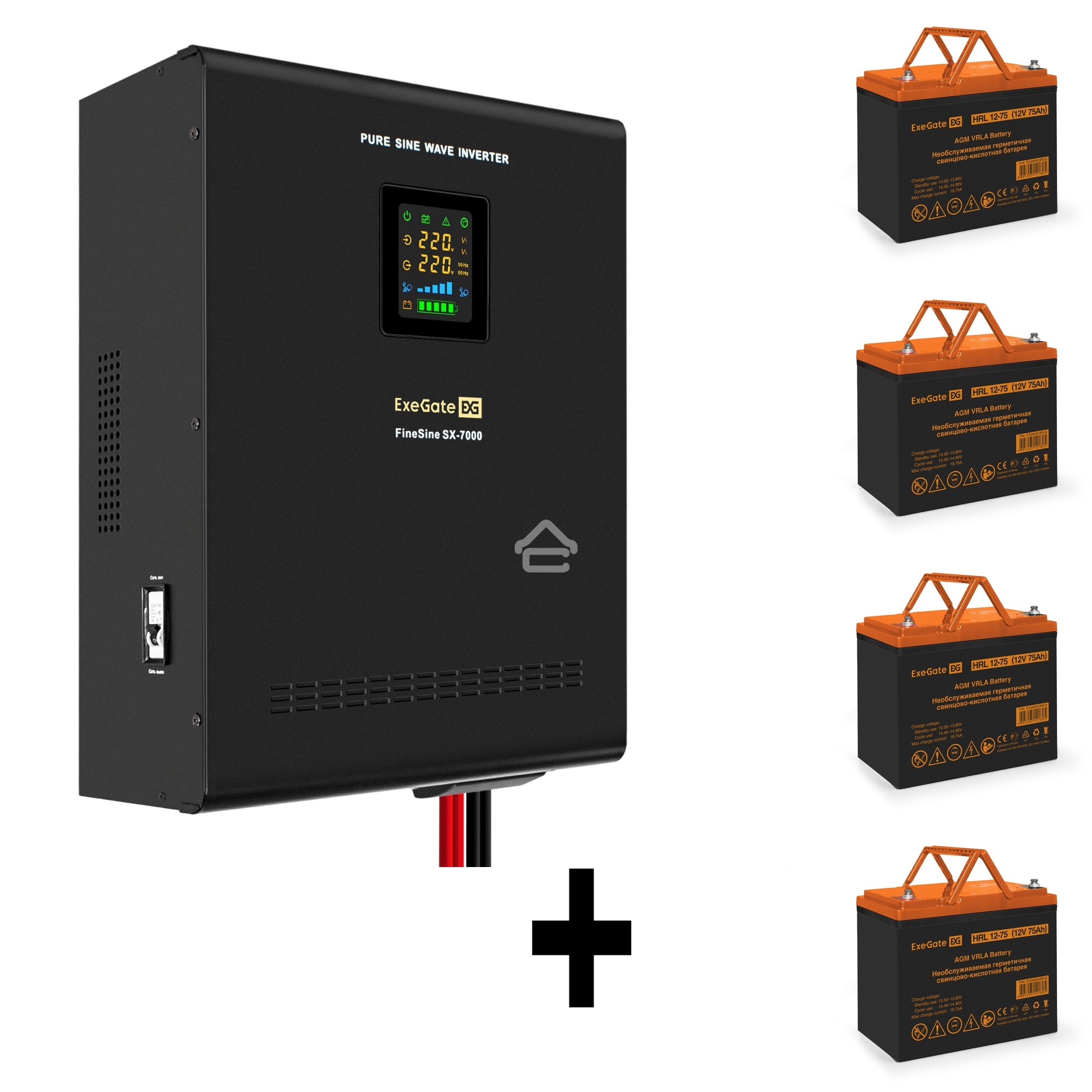Комплект Источник бесперебойного питания EX296005RUS + батарея 75Aч EX285653RUS 4шт (инвертор, синус, для котла, настенный) ExeGate FineSine SX-7000.LCD.AVR.2SH.T <7000VA/5000W, чистая синусоида, цветной LCD-дисплей, AVR, 2*Schuko+клеммы, линейно-интеракт