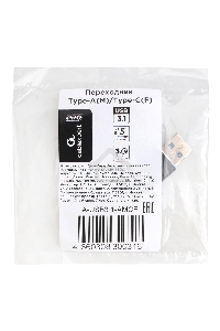 Переходник USB3.1 Cablexpert A-USB3.1-AMCF, AM/Type-C(F), 5Гбит/с, QC3.0, метал.корпус, Pro, черный, пакет