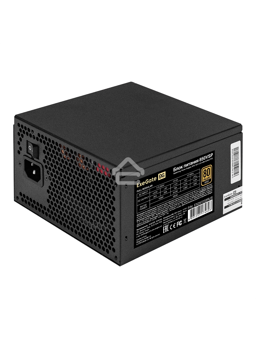 Блок питания 850W ExeGate 80 PLUS® GOLD 850VSP FС (ATX3.0, APFC, КПД 90% (80 PLUS Gold), 120mm fan, 24pin, 2x(4+4)pin, PCIE5.0/12VHPWR, 4xPCI-E, 6xSATA, 3xIDE, 1xFDD, Full Cable Management, black, Color box)