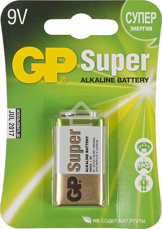 Алкалиновая батарейка GP Super Alkaline G-Tech 9V Крона - 1 шт. на блистере (1 шт.)
