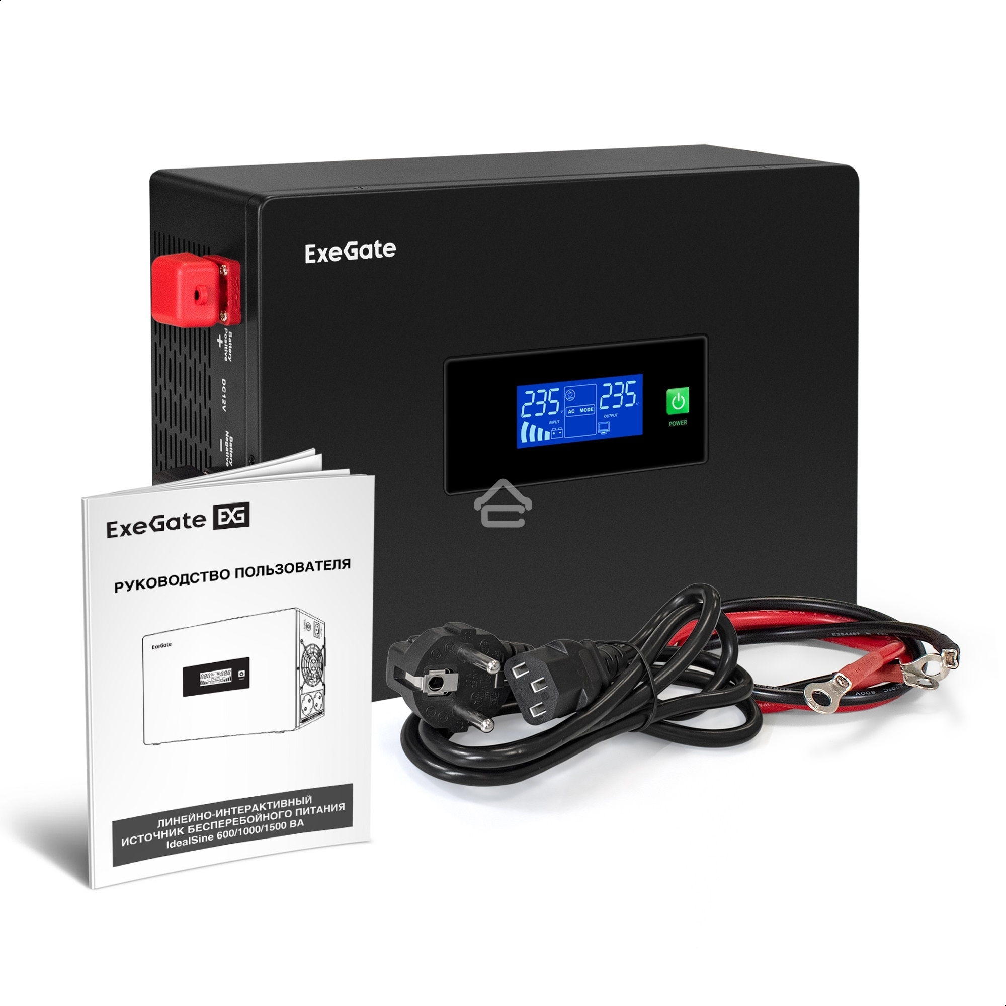 Комплект Источник бесперебойного питания EX295994RUS + батарея 45Aч EX285666RUS 2шт (инвертор, синус, для котла, PF=1, настенный) ExeGate IdealSine SR-1500.LCD.2SH <1500VA/1500W, чистая синусоида, цветной LCD-дисплей, 2*Schuko, крепление настенное, черный