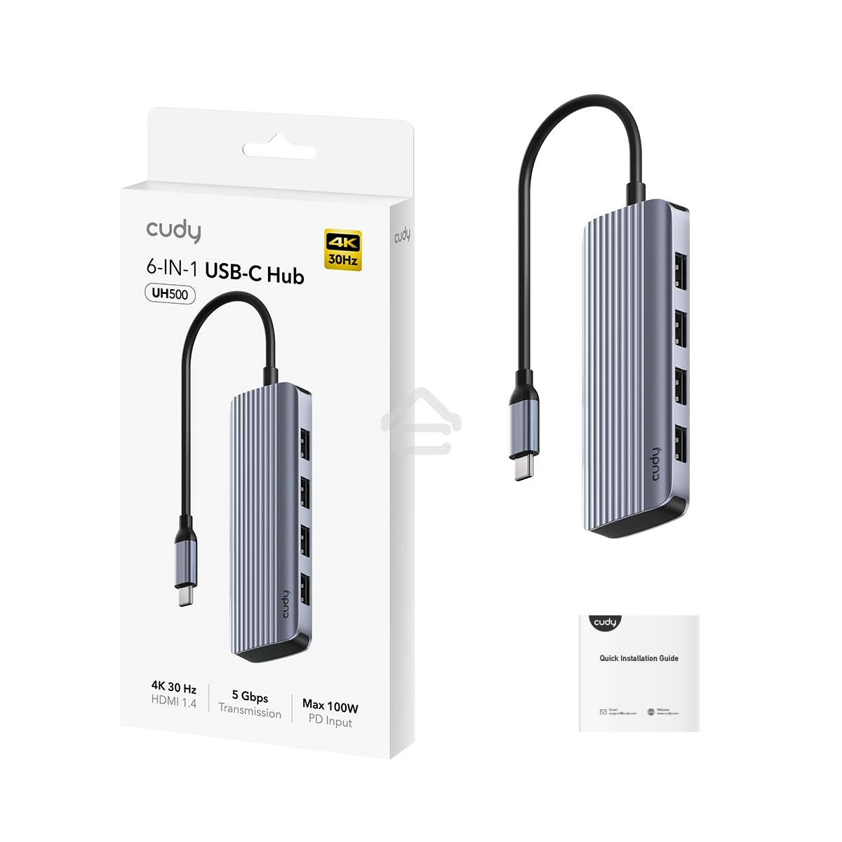 USB-концентратор USB-C Cudy UH500, 1 USB-C 3.0, 1x 4K@30Hz HDMI Port, 1x 100W USB-C port for PD Charging, 4x USB-A (UH500)
