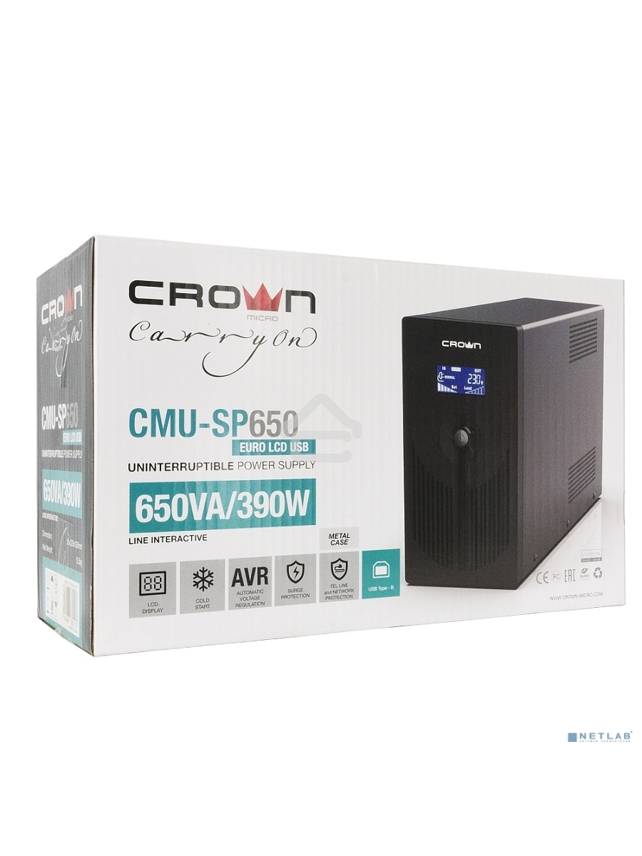 Источник бесперебойного питания CROWN Line Intractive CMU-SP650EURO LCD USB 650VA\390W, корпус металл, 1x12V/7AH, розетки 2*EURO+3*IEC, трансформатор AVR 140-290V, LCD-дисплей, съёмный кабель 1.2 м, порт RJ11/45, порт USB, защита: от перегрузки, от КЗ, от