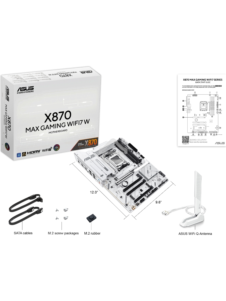 Материнская плата ASUS X870 MAX GAMING WIFI7 W, AM5, AMD X870, 4xDDR5, 4xSATA, 3xM.2, 1xPCIe 5.0 x16, 2xPCIe 4.0 x16, 1xPCIe 3.0 x16, 1xHDMI, 2xUSB Type-C (Display), 1x2.5Gb LAN, Wi-Fi 7, Bluetooth 5.4, 2xUSB-C 40Gbps, 1xUSB-A 10Gbps, 3xUSB-A 5Gbps, 4xUSB